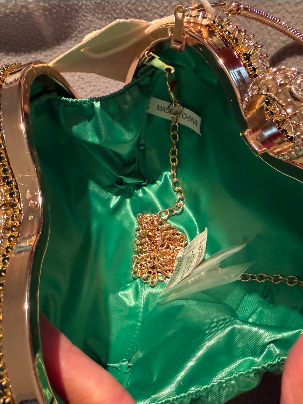 Embellished Gold Evening Crossbody Bag with Green Lining